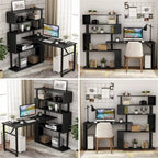 L-Shaped Rotating Computer Desk with Bookshelf