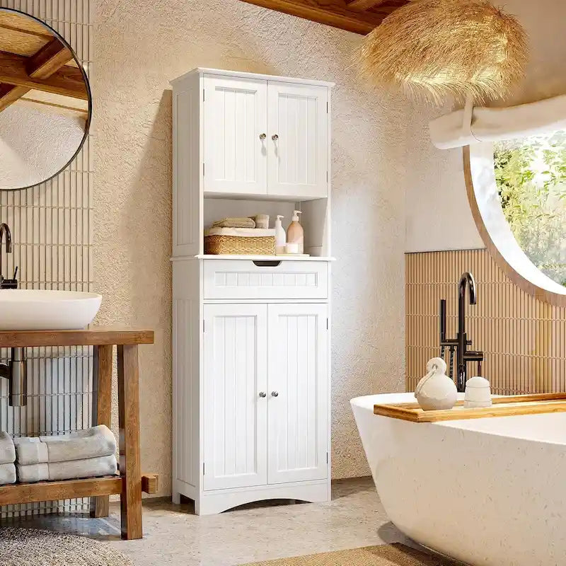 66.5 Tall Freestanding White Kitchen Food Storage Cabinet with Metal Slide Drawers with Flip-Flops