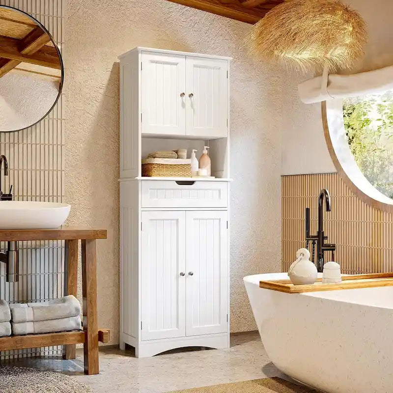 66.5 Tall Freestanding White Kitchen Food Storage Cabinet with Metal Slide Drawers with Flip-Flops