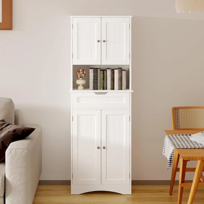 66.5 Tall Freestanding White Kitchen Food Storage Cabinet with Metal Slide Drawers with Flip-Flops