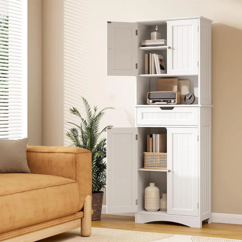 66.5 Tall Freestanding White Kitchen Food Storage Cabinet with Metal Slide Drawers with Flip-Flops