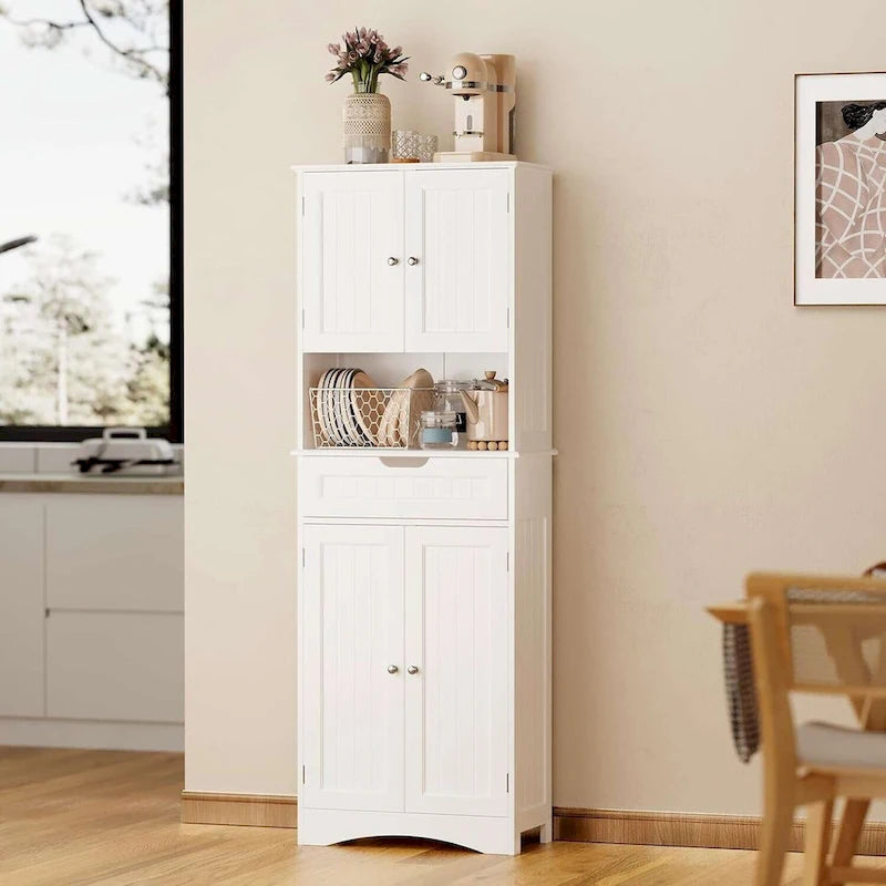 66.5 Tall Freestanding White Kitchen Food Storage Cabinet with Metal Slide Drawers with Flip-Flops