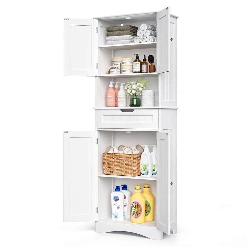 66.5 Tall Freestanding White Kitchen Food Storage Cabinet with Metal Slide Drawers with Flip-Flops