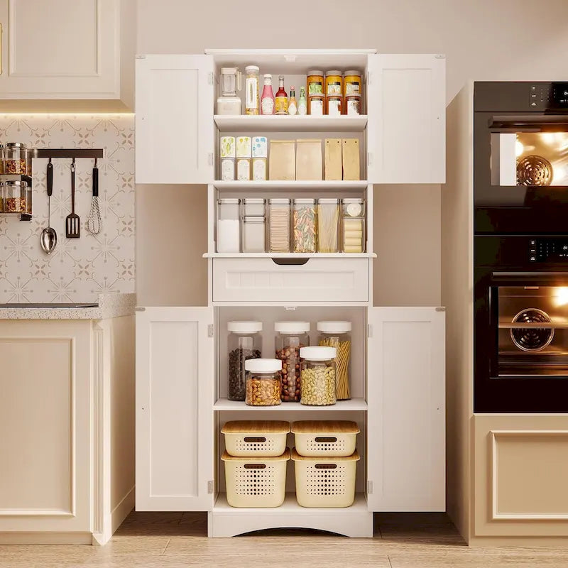 66.5 Tall Freestanding White Kitchen Food Storage Cabinet with Metal Slide Drawers with Flip-Flops