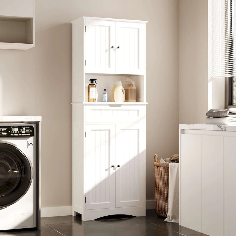 66.5 Tall Freestanding White Kitchen Food Storage Cabinet with Metal Slide Drawers with Flip-Flops
