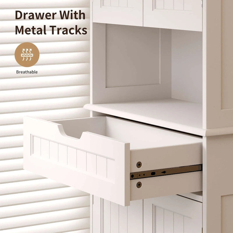 66.5 Tall Freestanding White Kitchen Food Storage Cabinet with Metal Slide Drawers with Flip-Flops