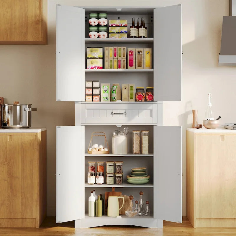 66.5 Tall Freestanding White Kitchen Food Storage Cabinet with Metal Slide Drawers with Flip-Flops