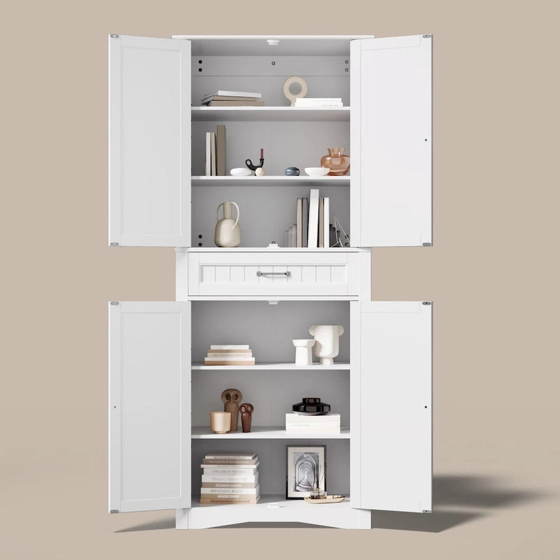 66.5 Tall Freestanding White Kitchen Food Storage Cabinet with Metal Slide Drawers with Flip-Flops