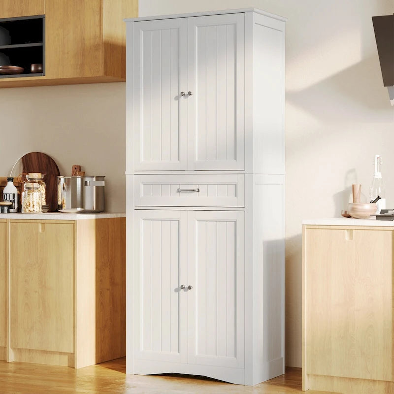 66.5 Tall Freestanding White Kitchen Food Storage Cabinet with Metal Slide Drawers with Flip-Flops