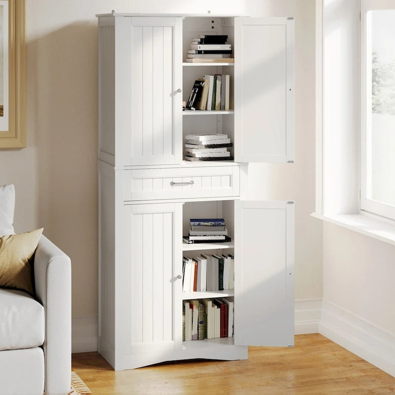 66.5 Tall Freestanding White Kitchen Food Storage Cabinet with Metal Slide Drawers with Flip-Flops