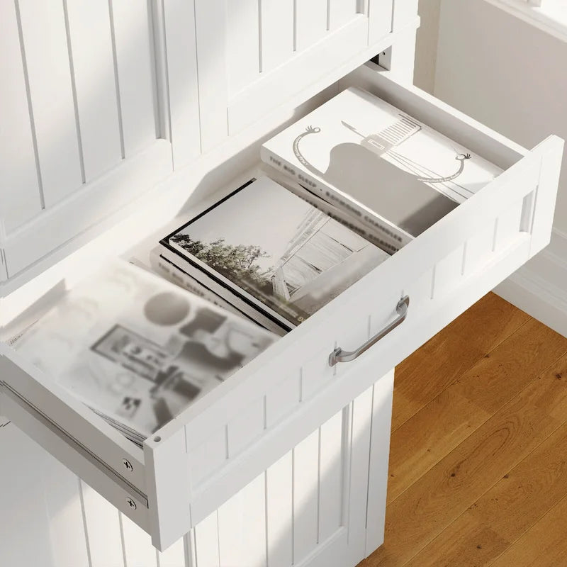 66.5 Tall Freestanding White Kitchen Food Storage Cabinet with Metal Slide Drawers with Flip-Flops