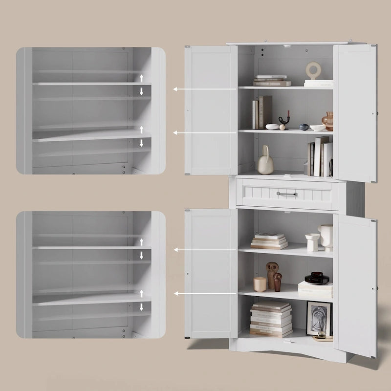 66.5 Tall Freestanding White Kitchen Food Storage Cabinet with Metal Slide Drawers with Flip-Flops