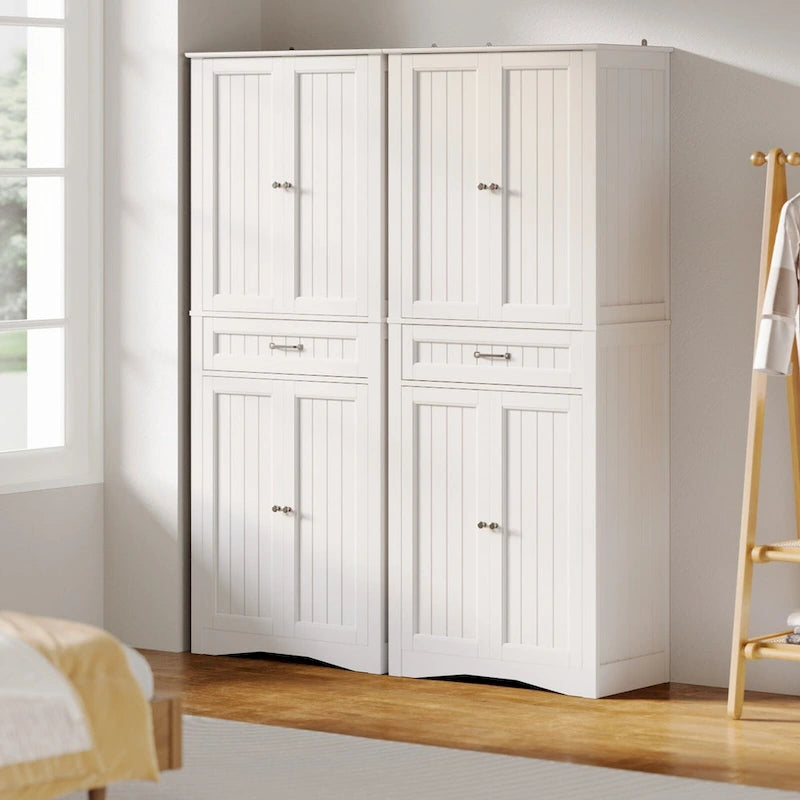 66.5 Tall Freestanding White Kitchen Food Storage Cabinet with Metal Slide Drawers with Flip-Flops