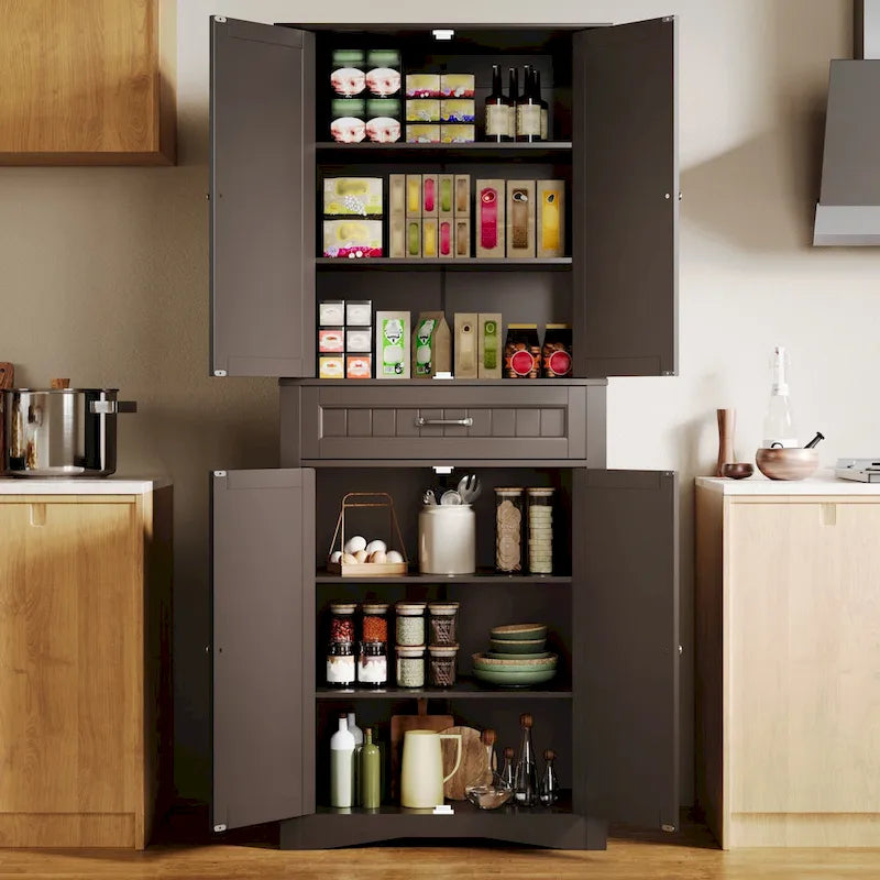 66.5 Tall Freestanding White Kitchen Food Storage Cabinet with Metal Slide Drawers with Flip-Flops