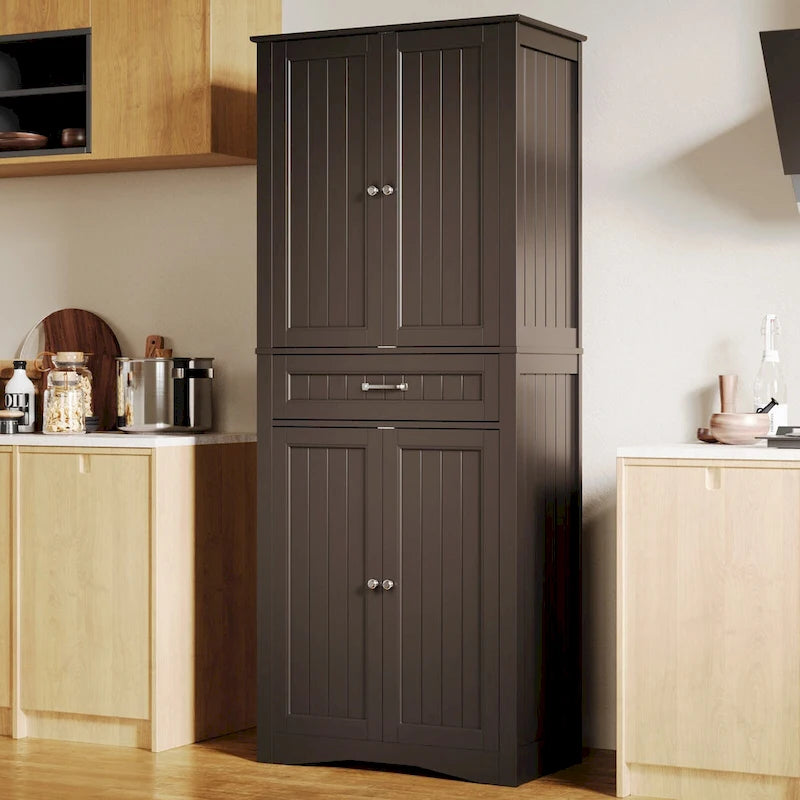 66.5 Tall Freestanding White Kitchen Food Storage Cabinet with Metal Slide Drawers with Flip-Flops