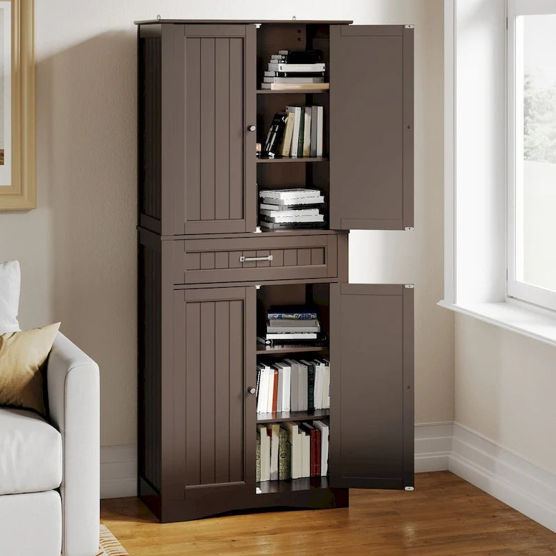 66.5 Tall Freestanding White Kitchen Food Storage Cabinet with Metal Slide Drawers with Flip-Flops
