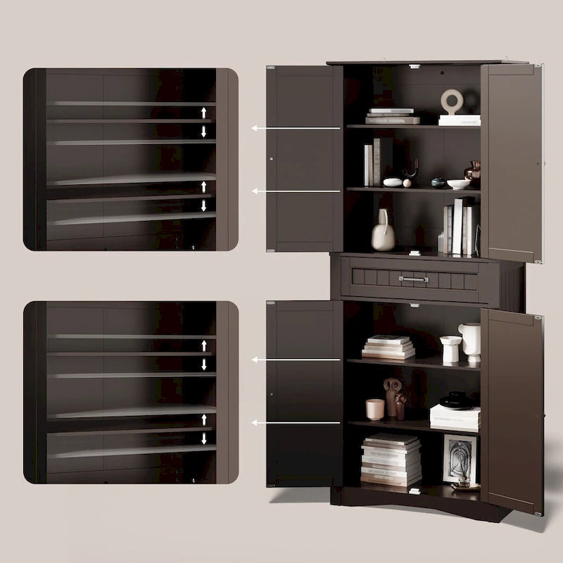 66.5 Tall Freestanding White Kitchen Food Storage Cabinet with Metal Slide Drawers with Flip-Flops
