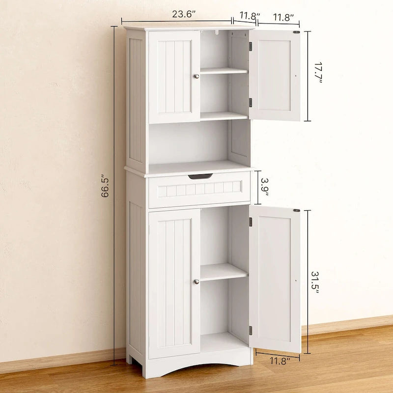 66.5 Tall Freestanding White Kitchen Food Storage Cabinet with Metal Slide Drawers with Flip-Flops