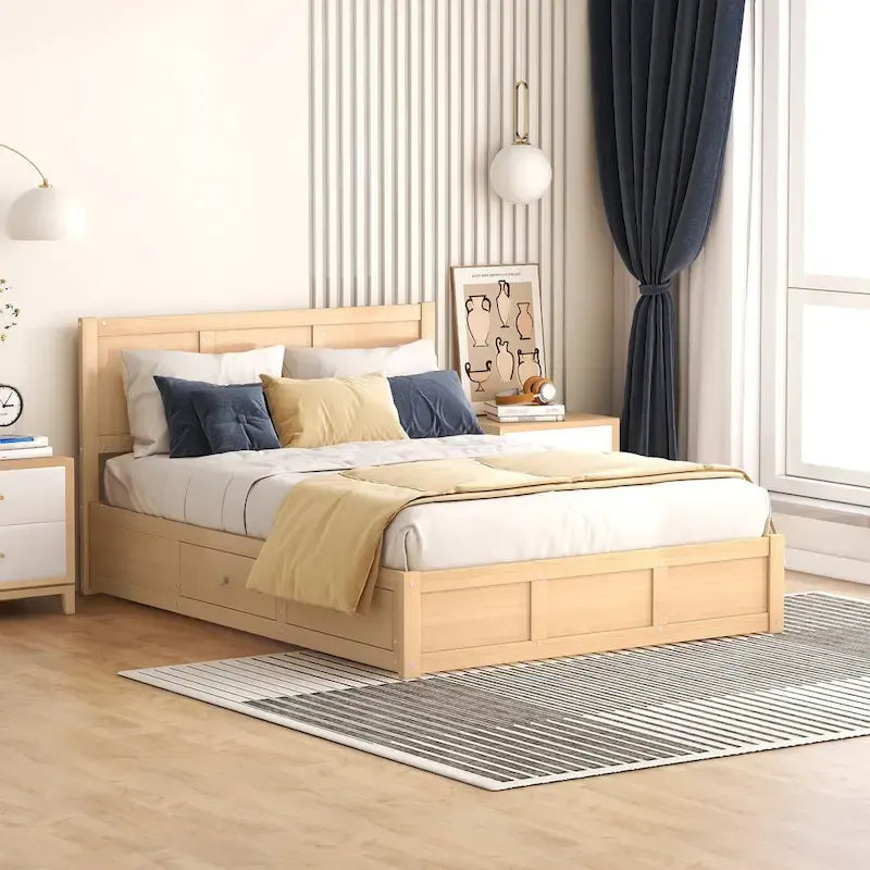 Full Size Wood Platform Bed with Underneath Storage and 2 Drawers, Wood Color