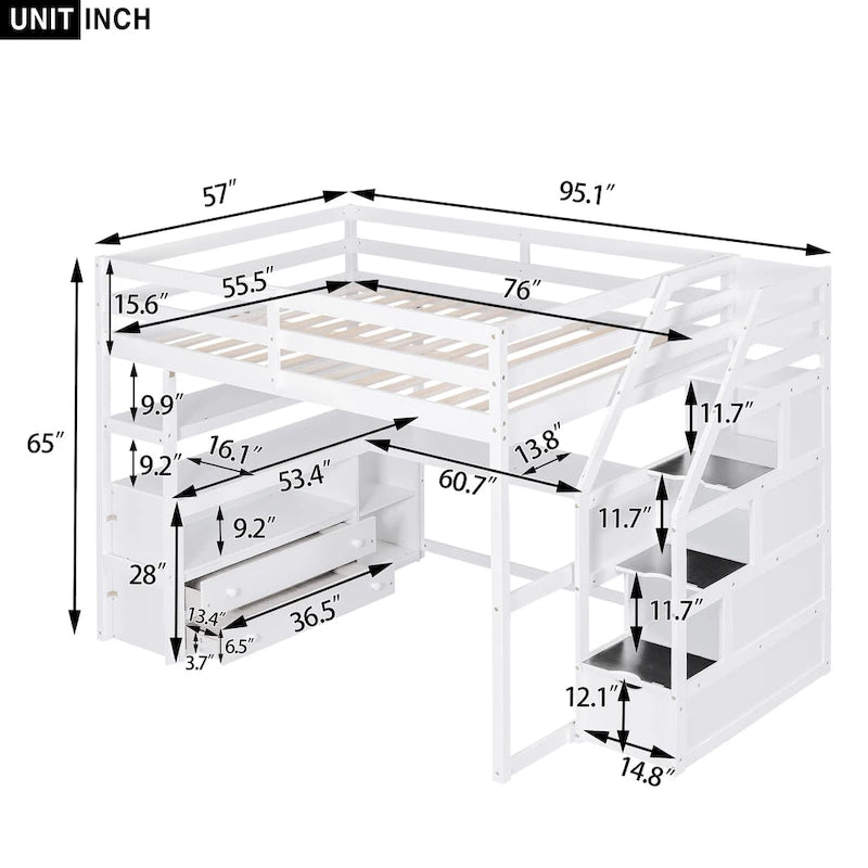 Full Size Loft Bed with Desk and Shelves, Two Built-in Drawers, Storage Staircase, Gray
