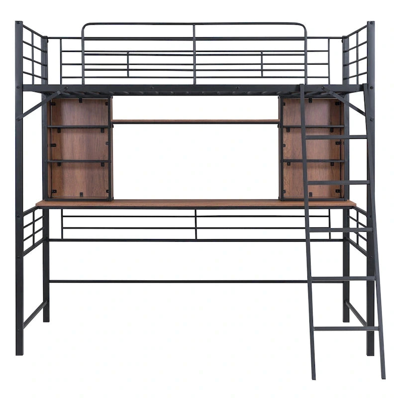 Twin Size Loft Bed with Desk and Shelf , Loft Bed with Ladder,Twin,Black
