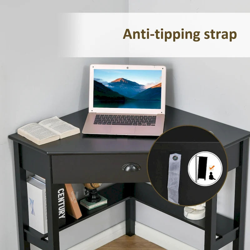 HOMCOM Corner Desk, Triangle Computer Desk with Drawer and Storage Shelves for Small Space
