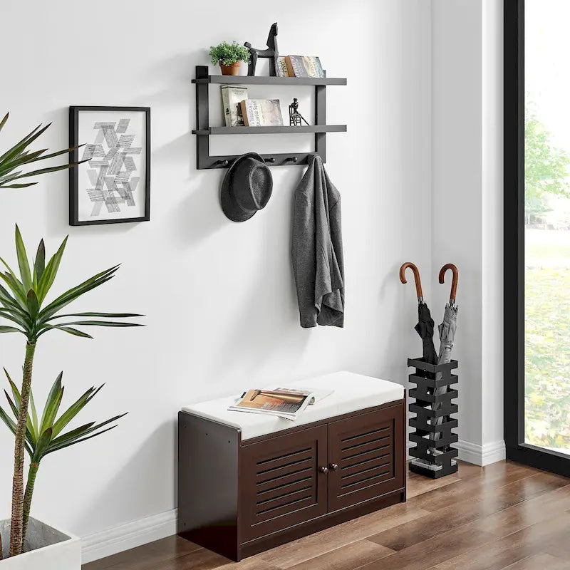 Danya B. 2-Tier Wall Shelf with 5 Hanging Hooks - Entryway or Bathroom