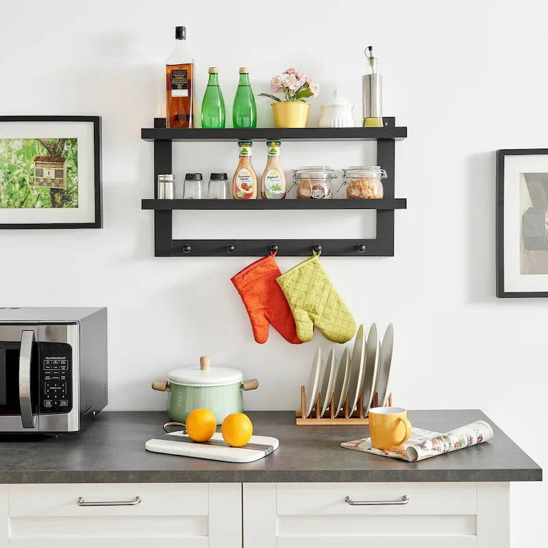 Danya B. 2-Tier Wall Shelf with 5 Hanging Hooks - Entryway or Bathroom