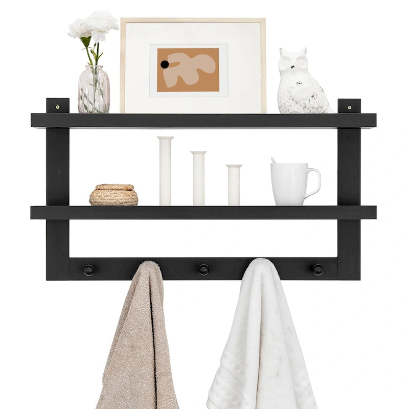 Danya B. 2-Tier Wall Shelf with 5 Hanging Hooks - Entryway or Bathroom