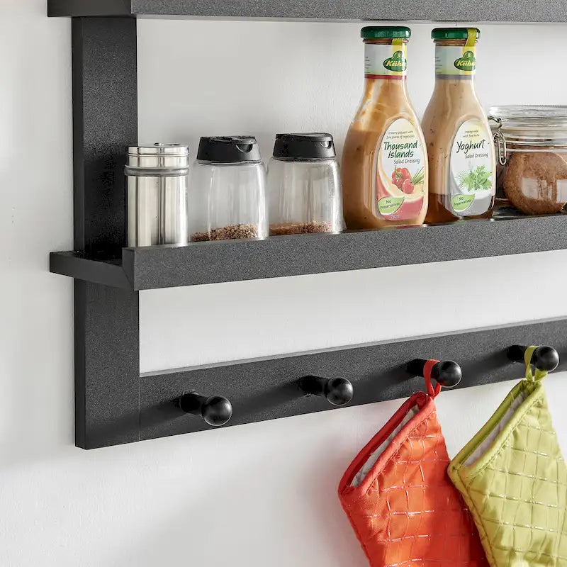 Danya B. 2-Tier Wall Shelf with 5 Hanging Hooks - Entryway or Bathroom