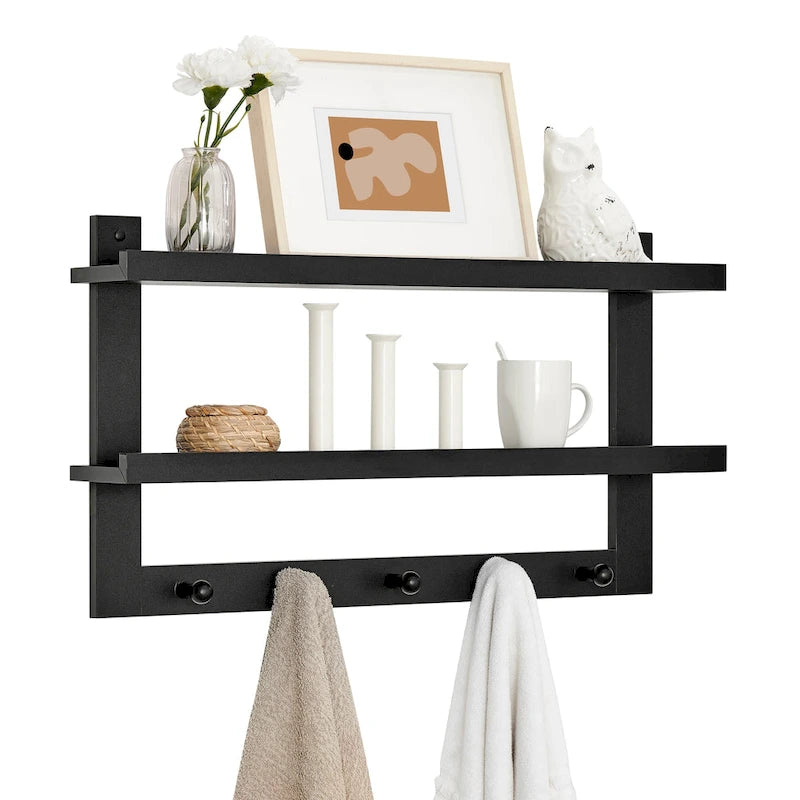 Danya B. 2-Tier Wall Shelf with 5 Hanging Hooks - Entryway or Bathroom