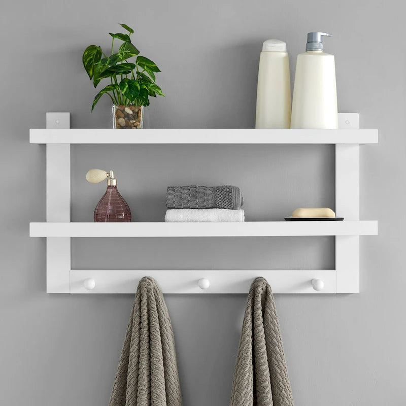 Danya B. 2-Tier Wall Shelf with 5 Hanging Hooks - Entryway or Bathroom