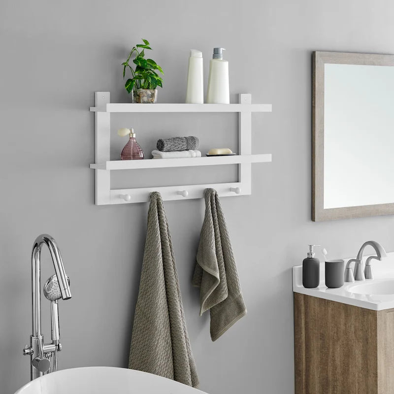 Danya B. 2-Tier Wall Shelf with 5 Hanging Hooks - Entryway or Bathroom