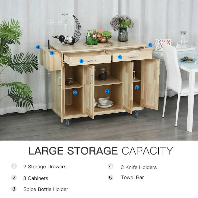 HOMCOM Wooden Rolling Kitchen Island Utility Storage Cart with Drawers, Door Cabinets, and Towel Rack for Dining Room