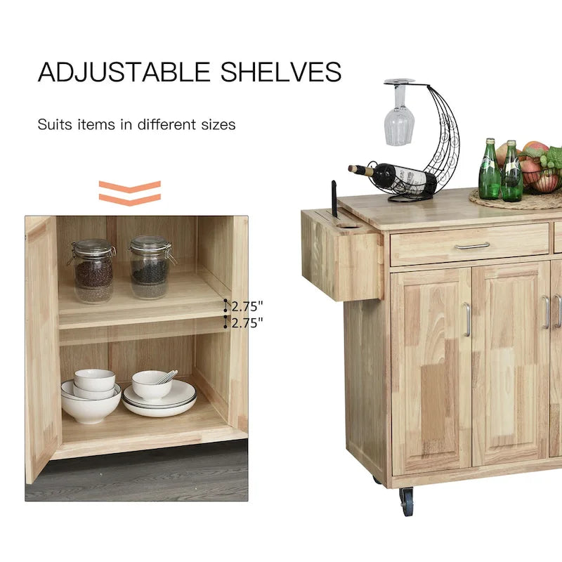 HOMCOM Wooden Rolling Kitchen Island Utility Storage Cart with Drawers, Door Cabinets, and Towel Rack for Dining Room