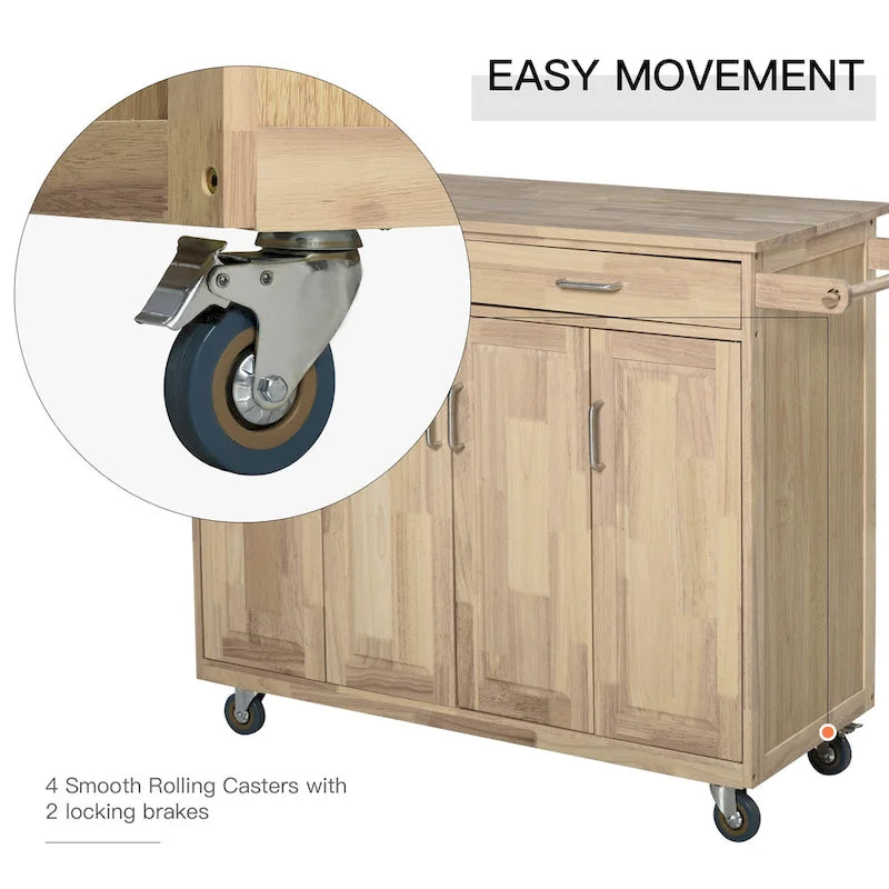 HOMCOM Wooden Rolling Kitchen Island Utility Storage Cart with Drawers, Door Cabinets, and Towel Rack for Dining Room