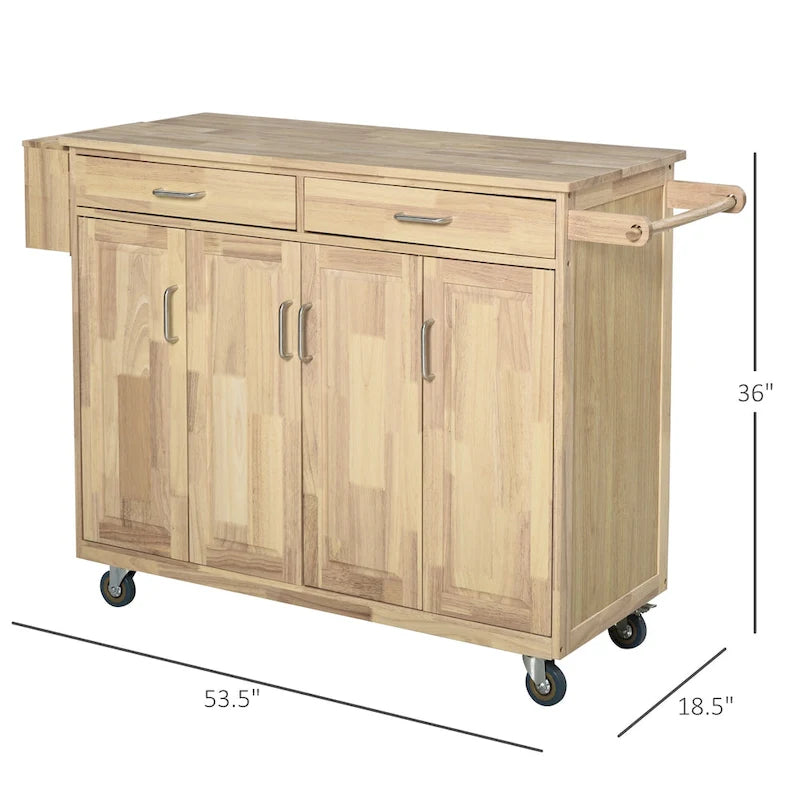 HOMCOM Wooden Rolling Kitchen Island Utility Storage Cart with Drawers, Door Cabinets, and Towel Rack for Dining Room