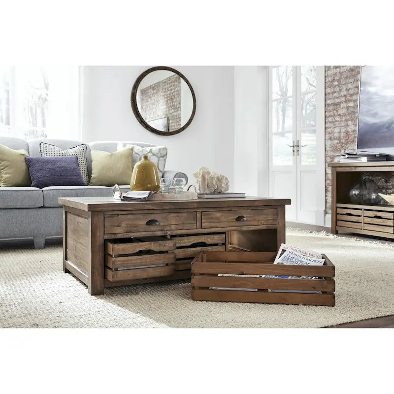 Stratton Rustic Warm Nutmeg Lift Top Storage Coffee Table with Casters