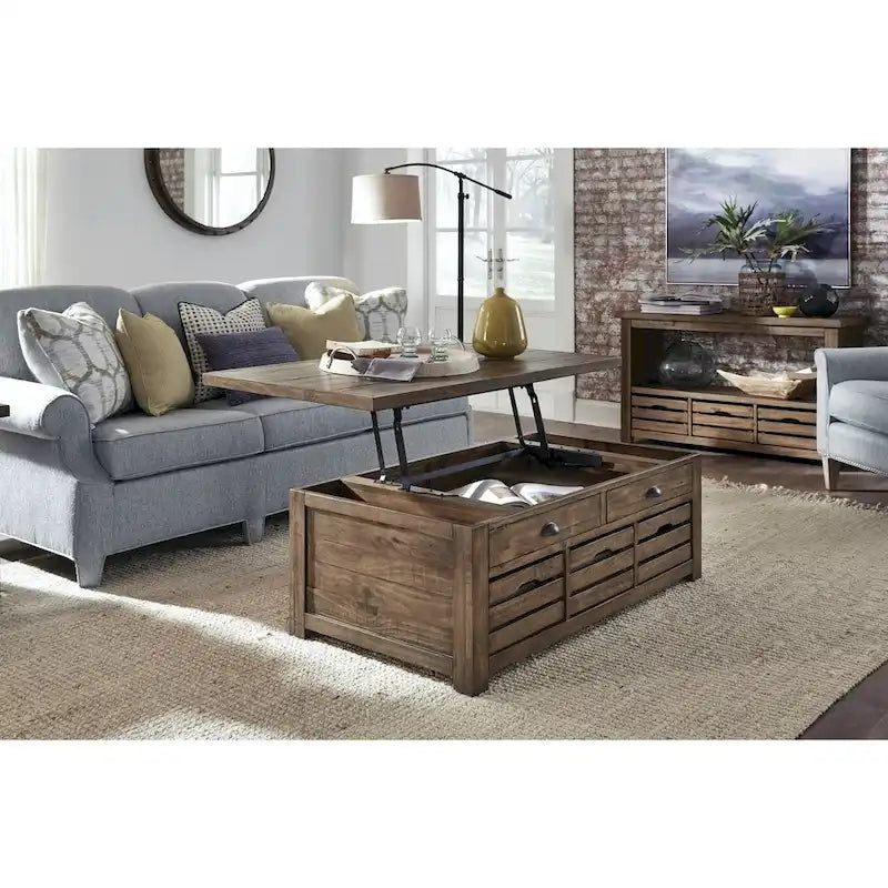 Stratton Rustic Warm Nutmeg Lift Top Storage Coffee Table with Casters