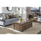 Stratton Rustic Warm Nutmeg Lift Top Storage Coffee Table with Casters