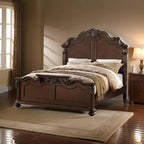 Splendidly Carved Queen Wooden Bed, Dark Walnut And Veneer Finish