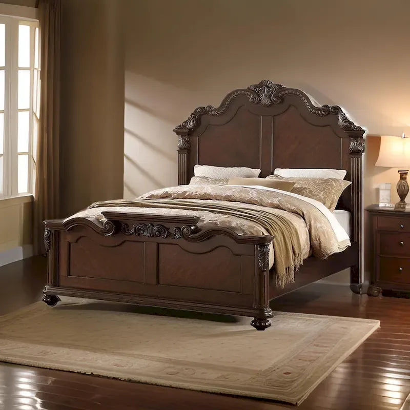 Splendidly Carved Queen Wooden Bed, Dark Walnut And Veneer Finish