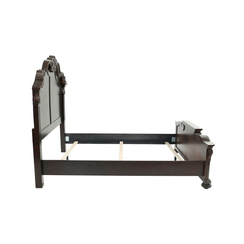 Splendidly Carved Queen Wooden Bed, Dark Walnut And Veneer Finish