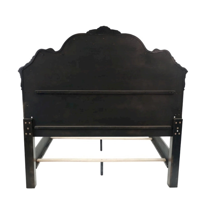 Splendidly Carved Queen Wooden Bed, Dark Walnut And Veneer Finish