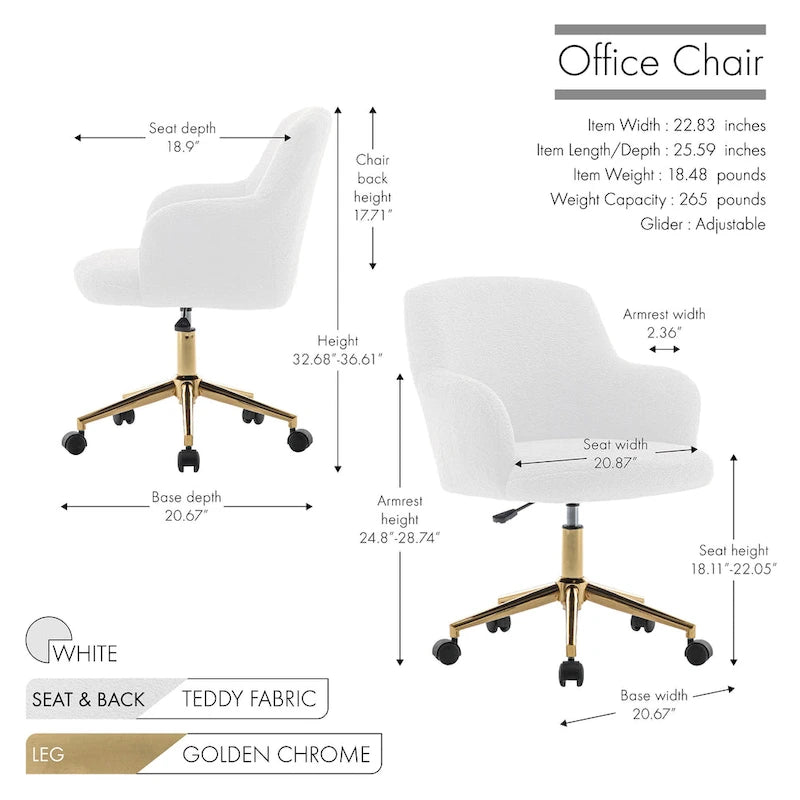 Porthos Home Tana Swivel Office Chair, Teddy Fabric, Gold Chrome Legs