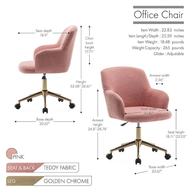 Porthos Home Tana Swivel Office Chair, Teddy Fabric, Gold Chrome Legs