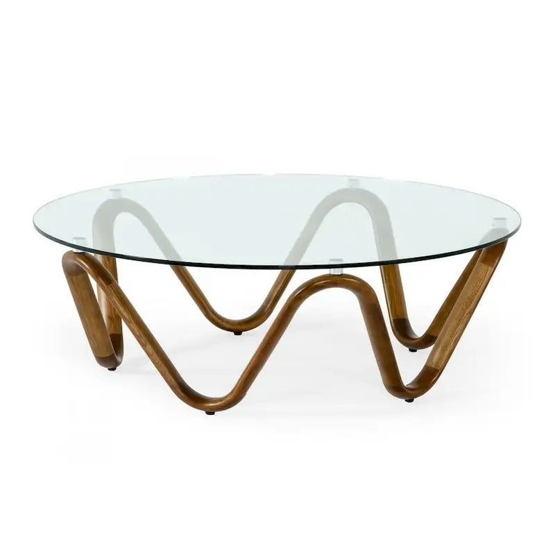 HomeRoots 45  Walnut And Clear Glass Abstract Wood Round Coffee Table - 45 x 45 x 15