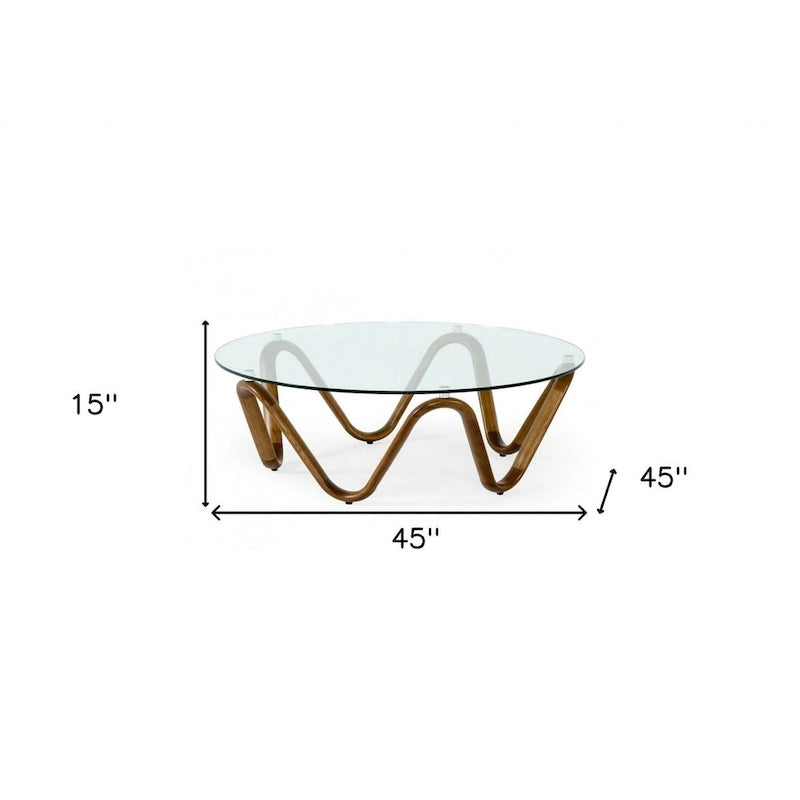 HomeRoots 45  Walnut And Clear Glass Abstract Wood Round Coffee Table - 45 x 45 x 15