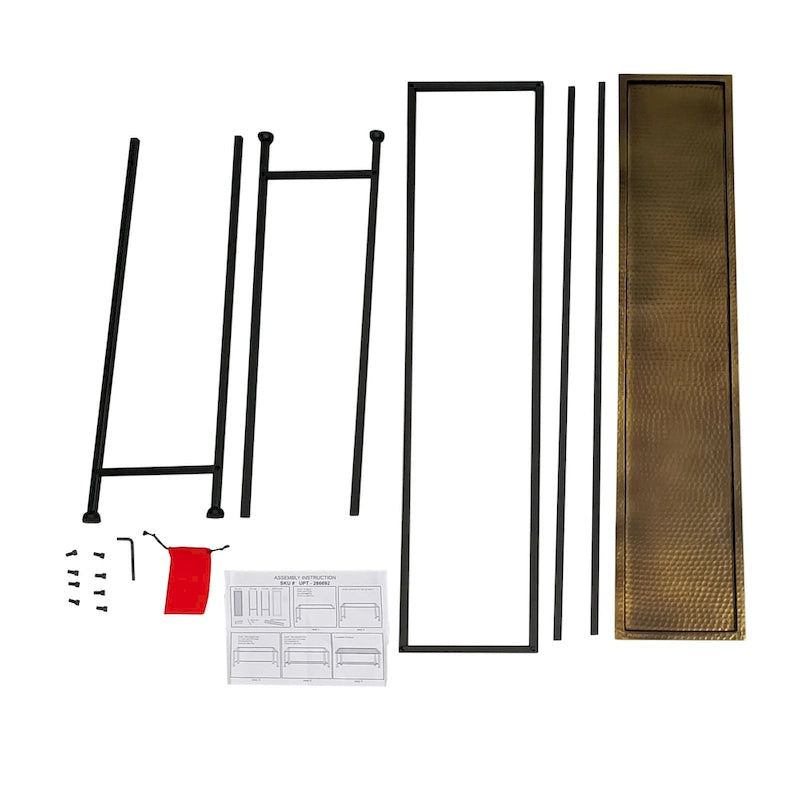 Aurelia 48 Inch Console Sofa Table, Artisanal Hammered Antique Bronze Tray Top, Industrial Black Iron Frame