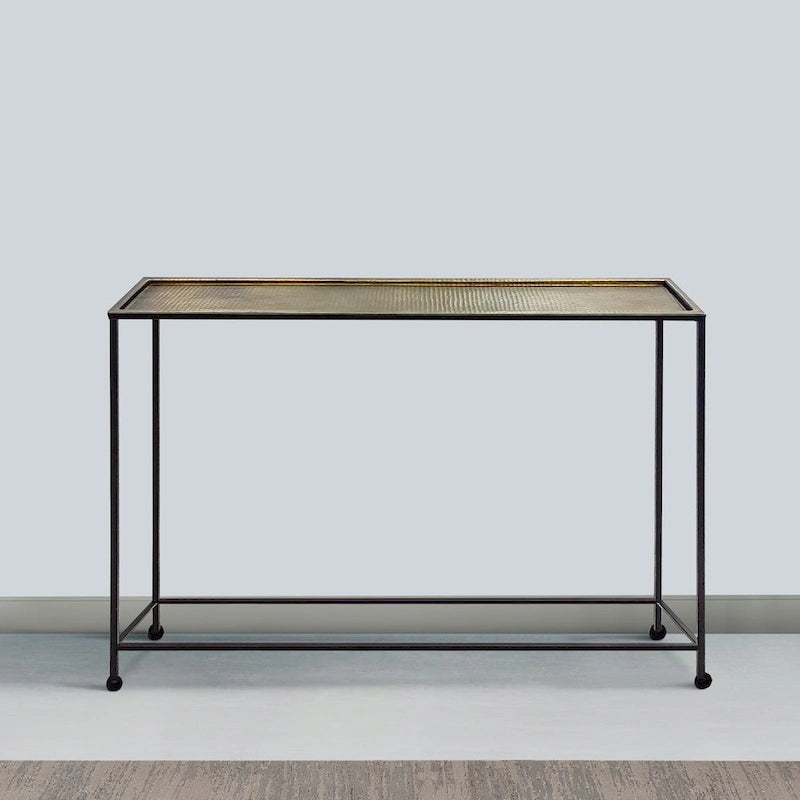 Aurelia 48 Inch Console Sofa Table, Artisanal Hammered Antique Bronze Tray Top, Industrial Black Iron Frame